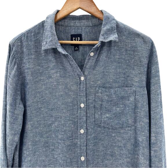 GAP Linen Blend Blue Chambray Relaxed Fit Button Down Shirt Size Medium - Picture 4 of 12